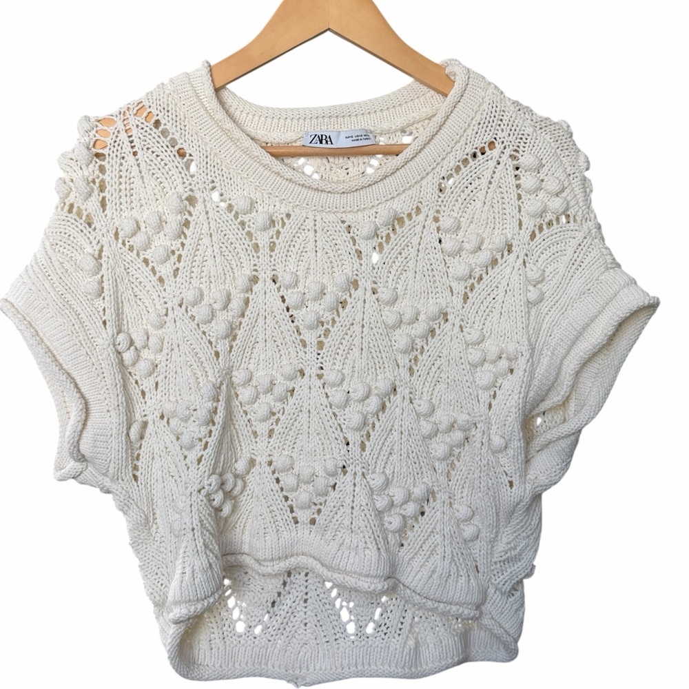 Zara Cream Textured Knit Crop Top Popcorn Stitch Short Sleeve Boho Size S